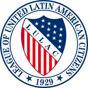 red, white and blue shield logo for LULAC