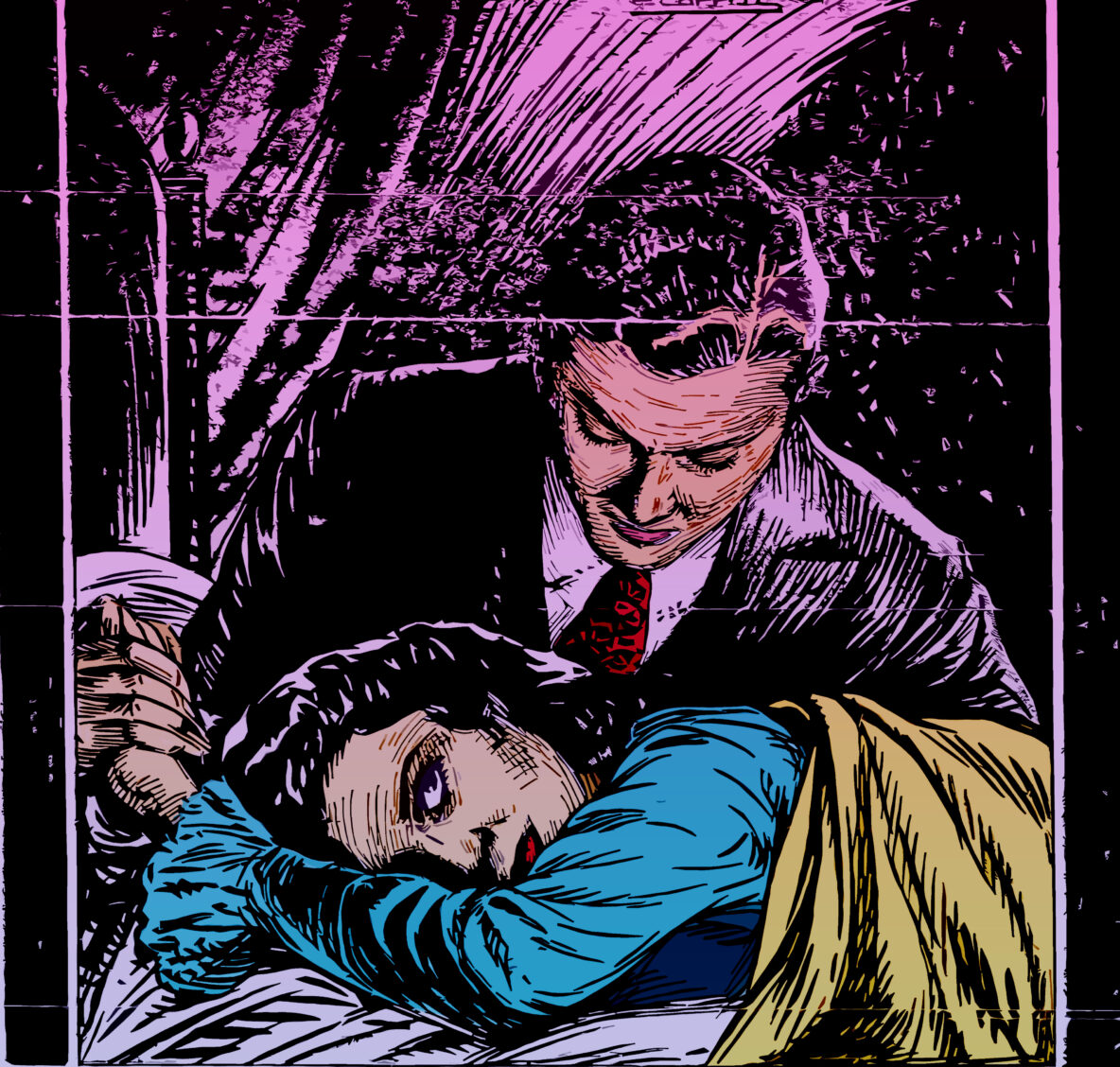 Engraving of a man in a suit, leaning over a woman in bed